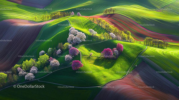 Vibrant Spring Landscape with Blooming Trees and Rolling Hills