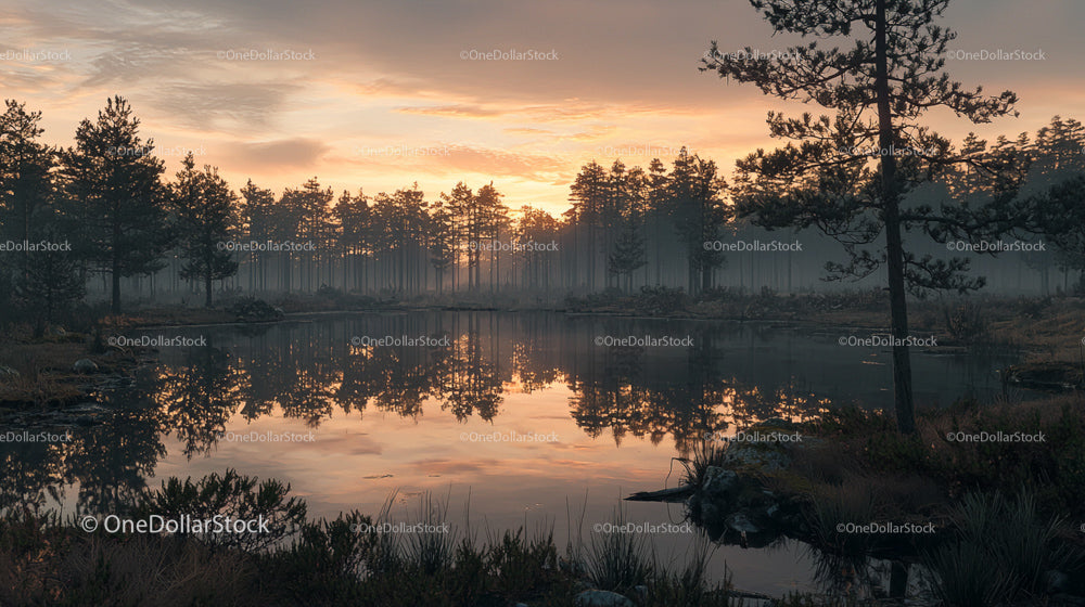 Misty Pine Forest at Sunset Reflecting on Calm Pond