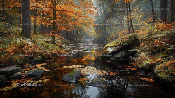 Tranquil Autumn River in a Forest with Colorful Foliage
