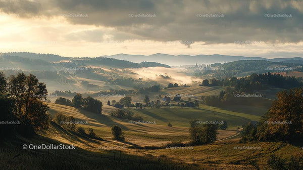 Misty Valley with Rolling Hills and Morning Light