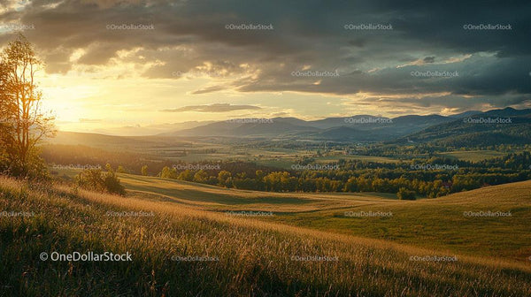 Golden Sunset Over Rolling Countryside Hills