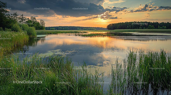 Serene Lake Reflection at Sunset with Lush Greenery
