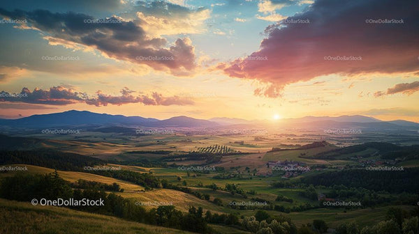 Picturesque Sunset Over Rolling Hills and Countryside