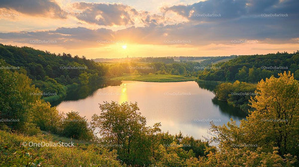 Golden Sunset Over a Serene Lake with Lush Forest Surroundings
