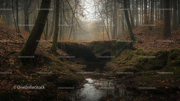 Misty Forest in Autumn with Stream and Fallen Leaves