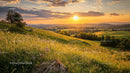Golden Sunset Over Lush Green Hills and Fields