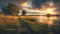 Scenic Sunset Over a Tranquil Lake with Lush Vegetation