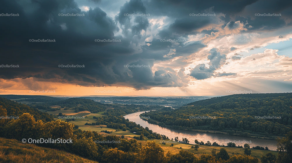 River Nestled Between Lush Green Hills Under Dramatic Sky