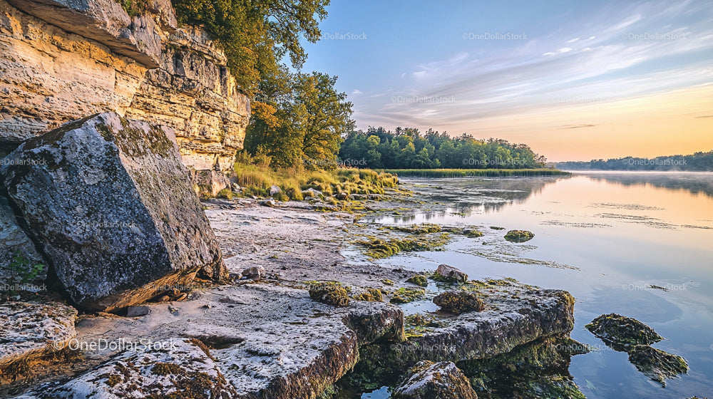 Rocky Shoreline at Dawn with Calm Reflections