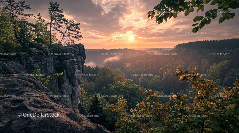 Majestic Sunset Over Rocky Forest Landscape