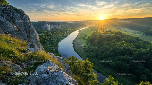 Stunning Sunset Over Scenic River and Rocky Cliffs