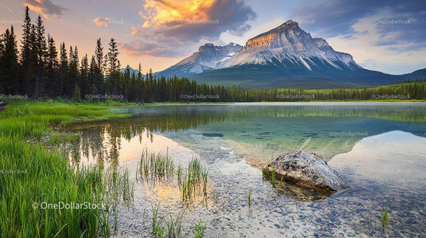 Majestic Mountain Reflection at Sunset over Calm Lake