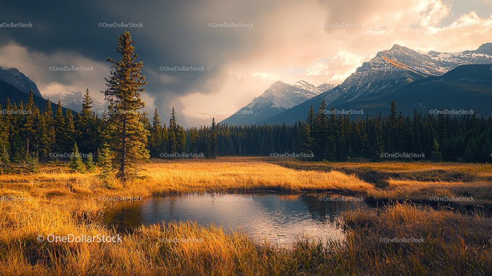 Dramatic Mountain Scenery with Pine Trees and Reflective Pond