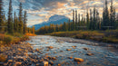 Majestic Mountain River at Sunset with Pine Forest