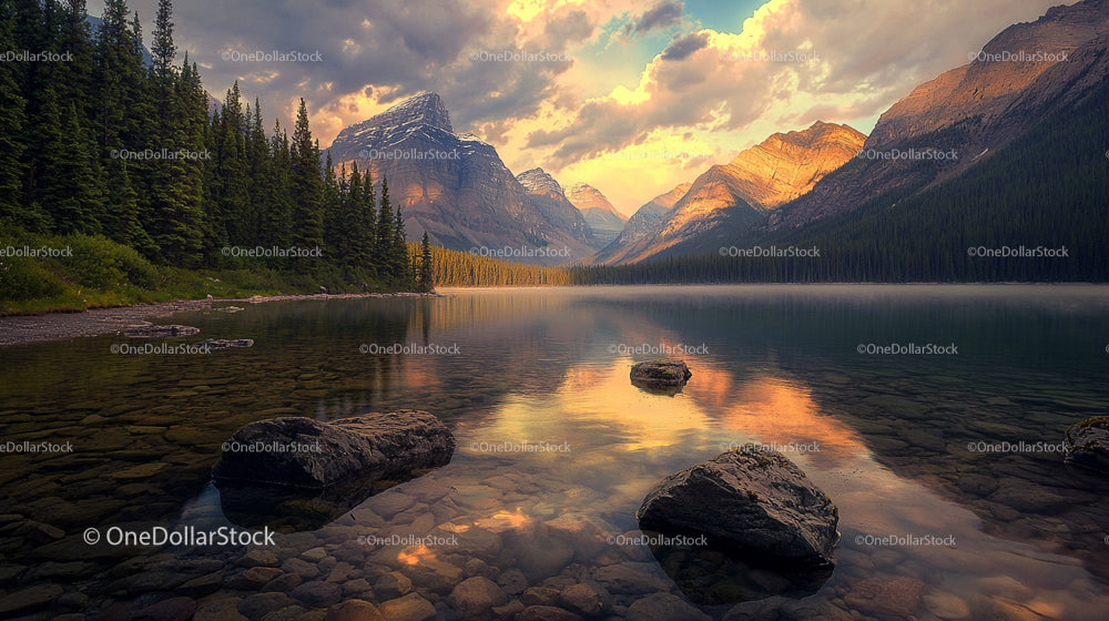 Serene Lake with Reflective Mountain Sunset View
