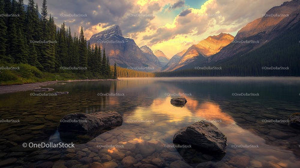Serene Lake with Reflective Mountain Sunset View