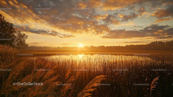 Golden Sunset Over a Tranquil Lake with Reeds