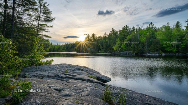 Tranquil Forest Lake at Sunset with Rocky Shore