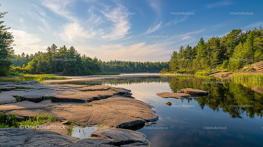Tranquil Lake with Rocky Shores and Lush Forest Reflection