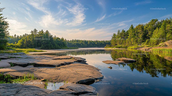 Tranquil Lake with Rocky Shores and Lush Forest Reflection