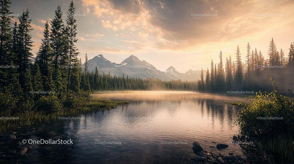 Mountain Lake at Sunrise with Mist and Evergreen Trees