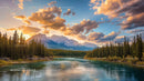 Scenic River Flowing Through Mountainous Pine Forest at Sunset