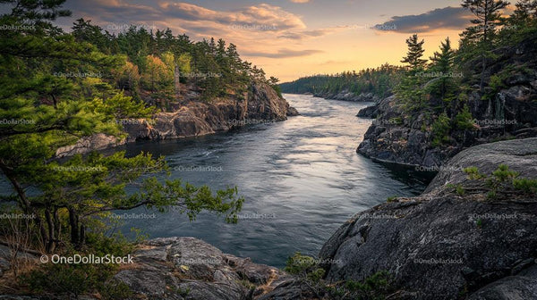 Scenic River Flowing Through Rocky Cliffs at Sunset
