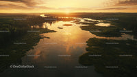 Scenic Sunset Over Tranquil River and Lush Forest Horizon