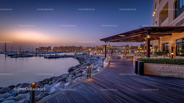 Sunset Marina Boardwalk with Luxury Yachts and Lights