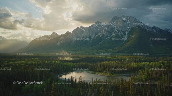 Majestic Mountain Range Overlooking a Serene Forest Lake