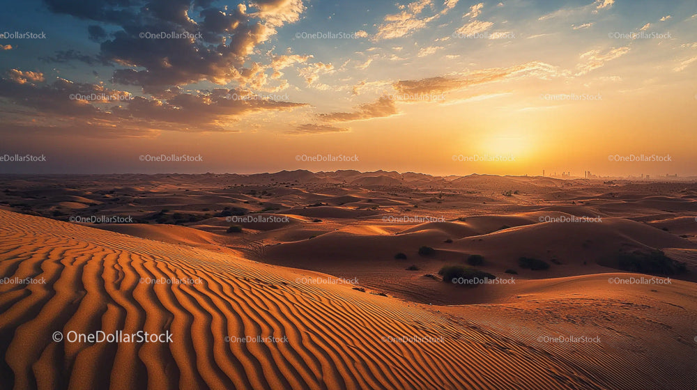Sunset Over Rolling Sand Dunes with Dramatic Sky