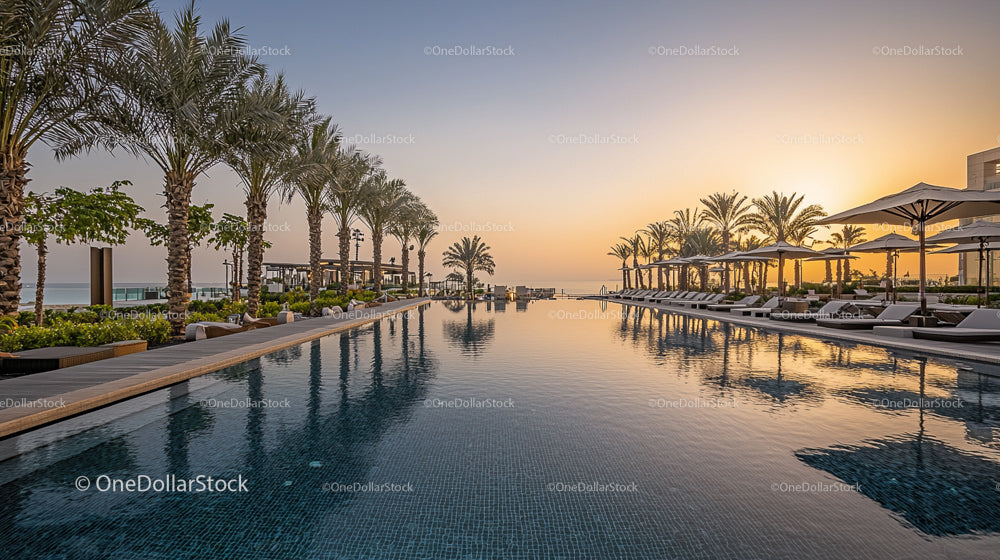 Sunset Over Palm-Lined Infinity Pool at Luxury Resort