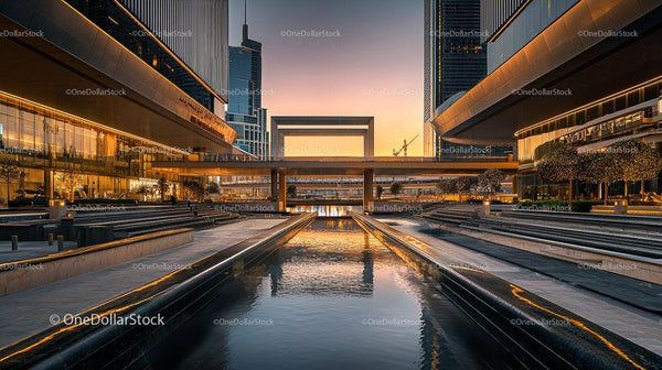 Sunset Over Modern Urban Architecture with Reflective Canal