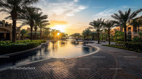 Sunset Over Luxury Resort Pool with Palm Trees