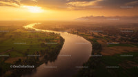 Aerial View of River and Fields at Golden Sunset