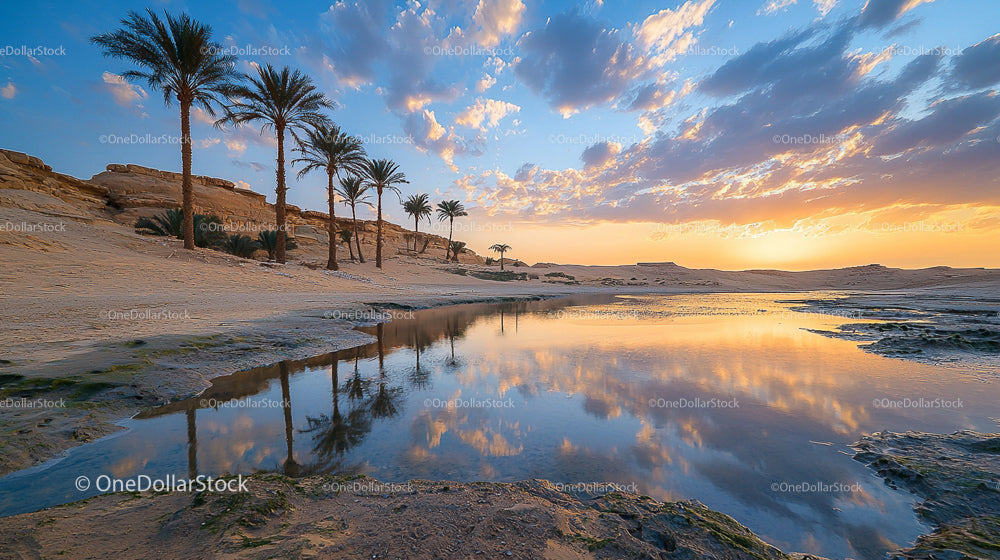 Tranquil Desert Oasis at Sunset with Palm Reflections