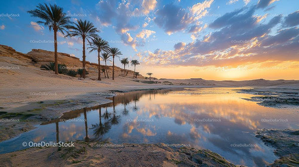 Tranquil Desert Oasis at Sunset with Palm Reflections