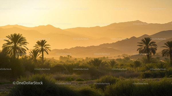 Golden Sunset Over Gold Oasis with Palm Trees