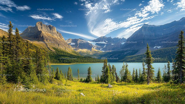 Majestic Mountain Landscape with Pine Trees and Turquoise Lake