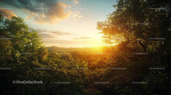 Golden Sunset Over Lush Forest Landscape