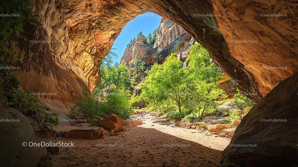Sunlit Sandstone Cave with Verdant Landscape View