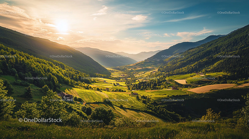 Sunset Over a Lush Valley Amidst Green Rolling Hills