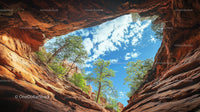 Stunning Red Rock Cave with Lush Green Foliage and Blue Sky
