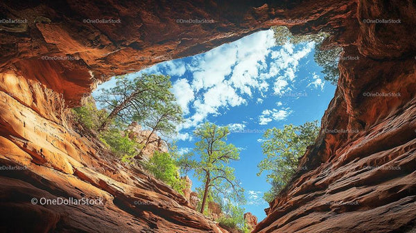 Stunning Red Rock Cave with Lush Green Foliage and Blue Sky