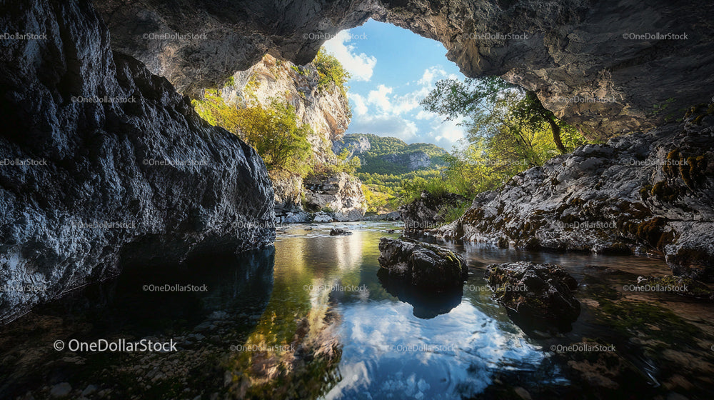 Scenic River View Through Rocky Cave Entrance