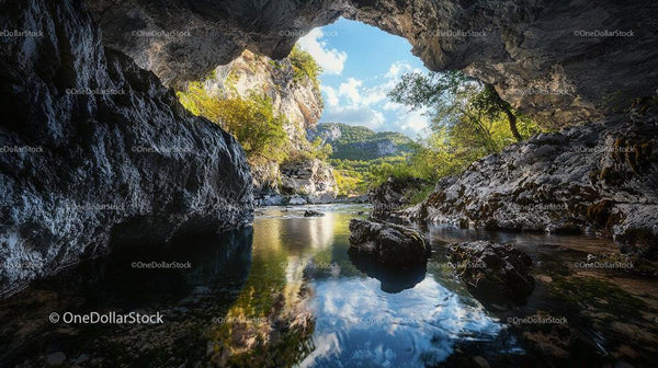 Scenic River View Through Rocky Cave Entrance