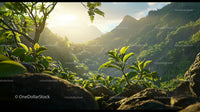 Lush Greenery Overlooking Majestic Mountain Scenery