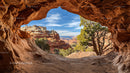 Scenic View from Sandstone Cave Overlooking Desert Canyon