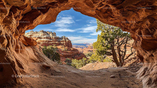 Scenic View from Sandstone Cave Overlooking Desert Canyon