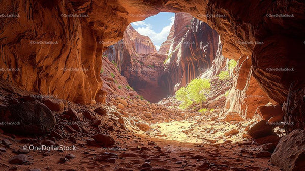 Sunlit Canyon with Natural Archway and Rugged Terrain